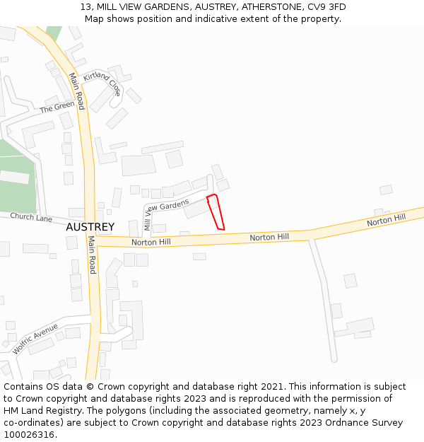 13, MILL VIEW GARDENS, AUSTREY, ATHERSTONE, CV9 3FD: Location map and indicative extent of plot