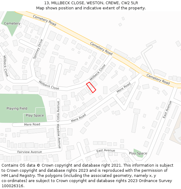 13, MILLBECK CLOSE, WESTON, CREWE, CW2 5LR: Location map and indicative extent of plot