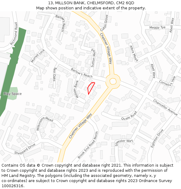 13, MILLSON BANK, CHELMSFORD, CM2 6QD: Location map and indicative extent of plot