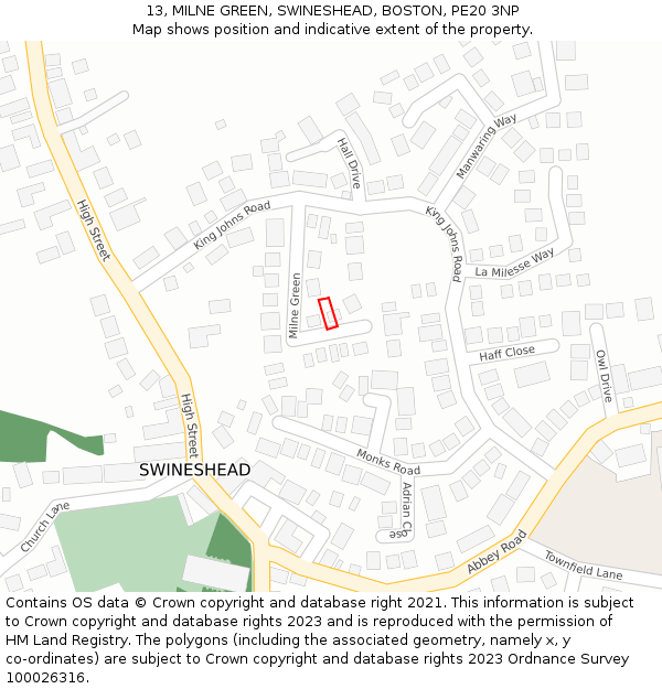 13, MILNE GREEN, SWINESHEAD, BOSTON, PE20 3NP: Location map and indicative extent of plot