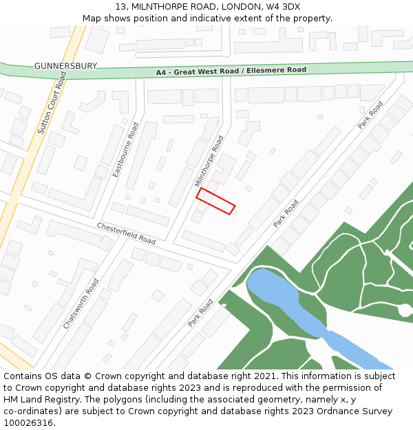 13, MILNTHORPE ROAD, LONDON, W4 3DX: Location map and indicative extent of plot