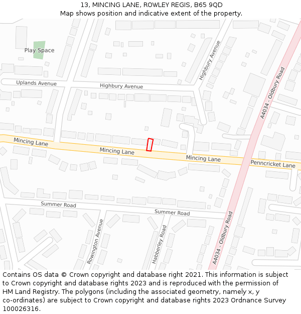 13, MINCING LANE, ROWLEY REGIS, B65 9QD: Location map and indicative extent of plot