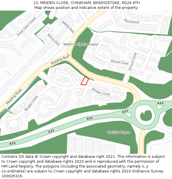 13, MINDEN CLOSE, CHINEHAM, BASINGSTOKE, RG24 8TH: Location map and indicative extent of plot