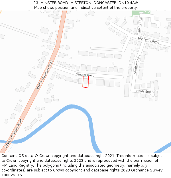 13, MINSTER ROAD, MISTERTON, DONCASTER, DN10 4AW: Location map and indicative extent of plot