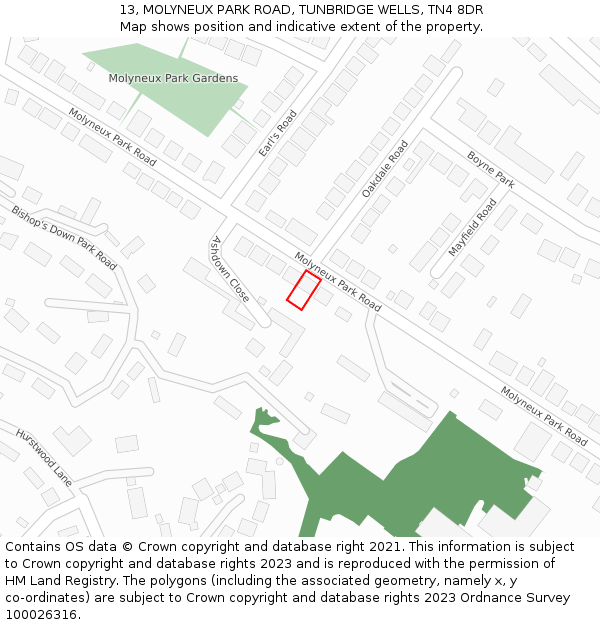 13, MOLYNEUX PARK ROAD, TUNBRIDGE WELLS, TN4 8DR: Location map and indicative extent of plot