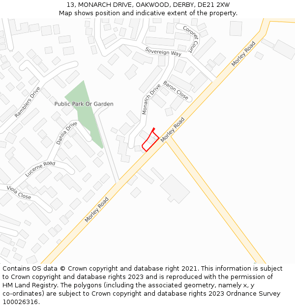 13, MONARCH DRIVE, OAKWOOD, DERBY, DE21 2XW: Location map and indicative extent of plot