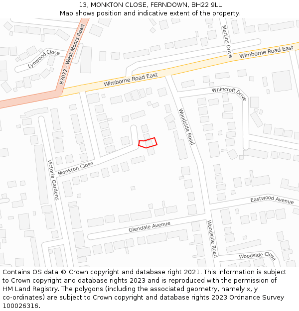 13, MONKTON CLOSE, FERNDOWN, BH22 9LL: Location map and indicative extent of plot