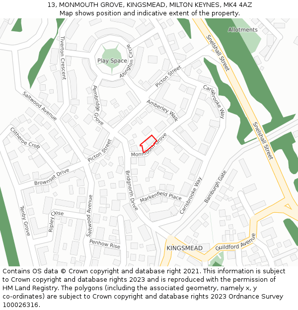 13, MONMOUTH GROVE, KINGSMEAD, MILTON KEYNES, MK4 4AZ: Location map and indicative extent of plot