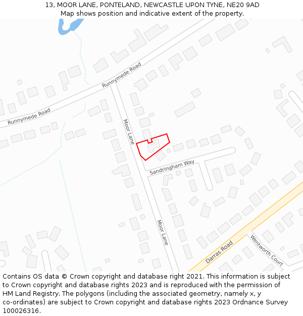 13, MOOR LANE, PONTELAND, NEWCASTLE UPON TYNE, NE20 9AD: Location map and indicative extent of plot