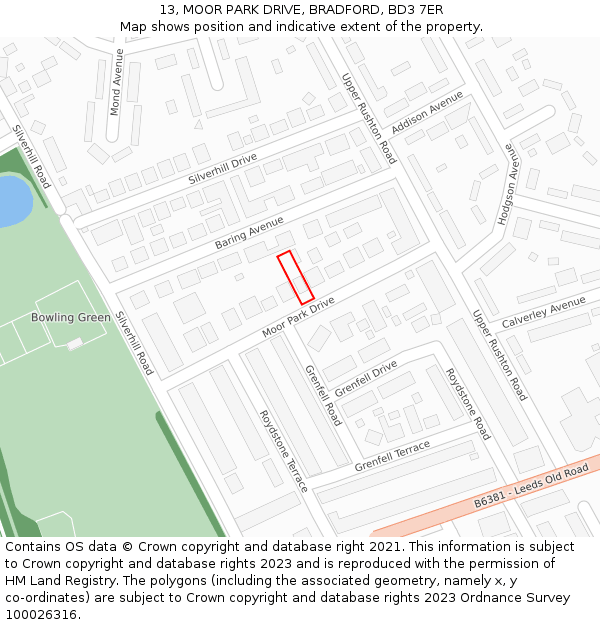 13, MOOR PARK DRIVE, BRADFORD, BD3 7ER: Location map and indicative extent of plot