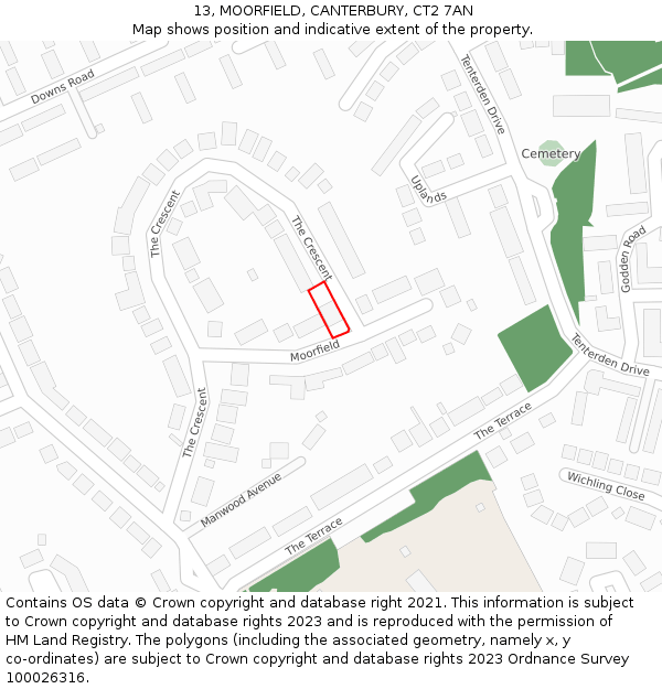 13, MOORFIELD, CANTERBURY, CT2 7AN: Location map and indicative extent of plot