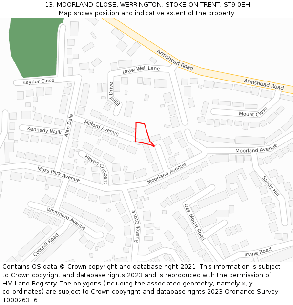 13, MOORLAND CLOSE, WERRINGTON, STOKE-ON-TRENT, ST9 0EH: Location map and indicative extent of plot