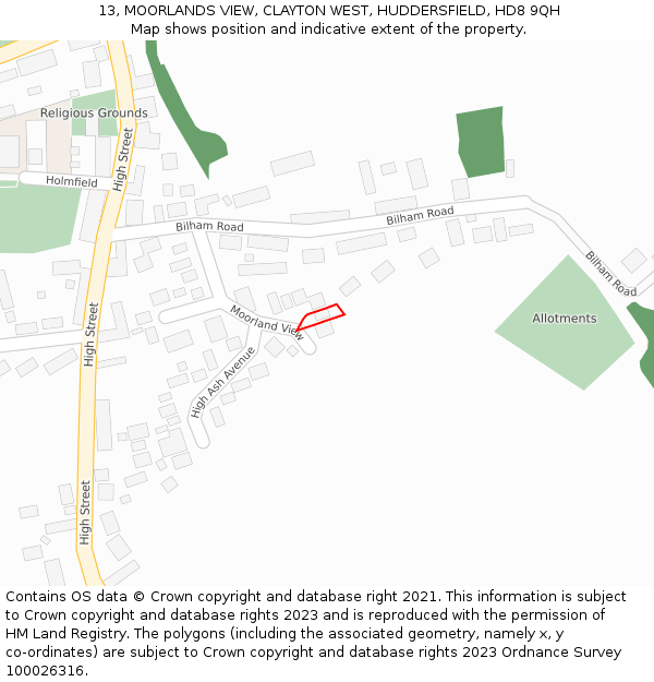 13, MOORLANDS VIEW, CLAYTON WEST, HUDDERSFIELD, HD8 9QH: Location map and indicative extent of plot