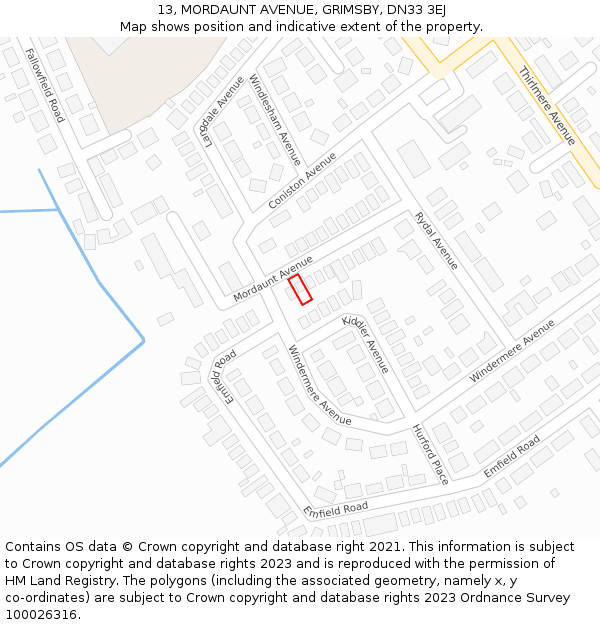 13, MORDAUNT AVENUE, GRIMSBY, DN33 3EJ: Location map and indicative extent of plot