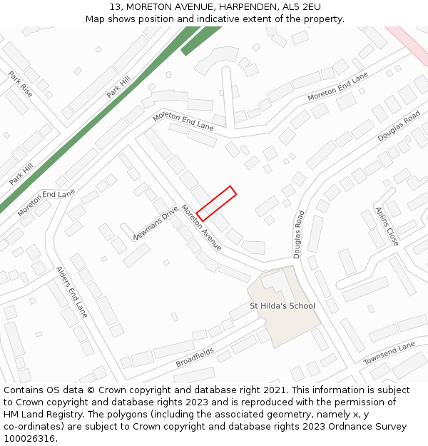 13, MORETON AVENUE, HARPENDEN, AL5 2EU: Location map and indicative extent of plot