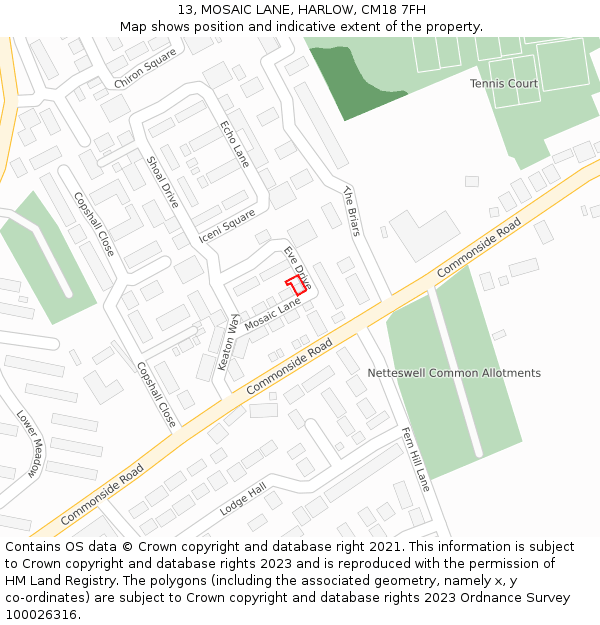 13, MOSAIC LANE, HARLOW, CM18 7FH: Location map and indicative extent of plot