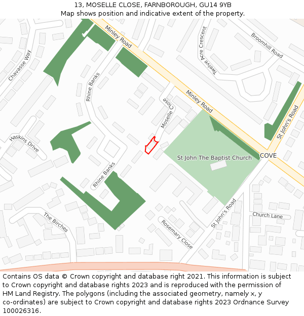 13, MOSELLE CLOSE, FARNBOROUGH, GU14 9YB: Location map and indicative extent of plot