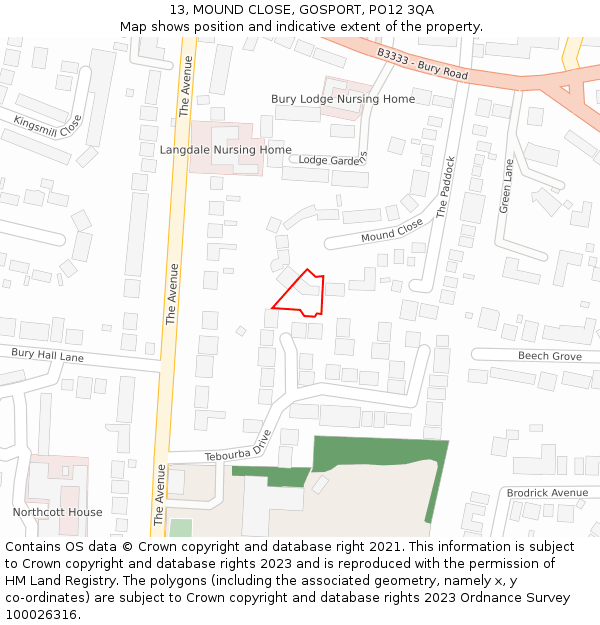 13, MOUND CLOSE, GOSPORT, PO12 3QA: Location map and indicative extent of plot