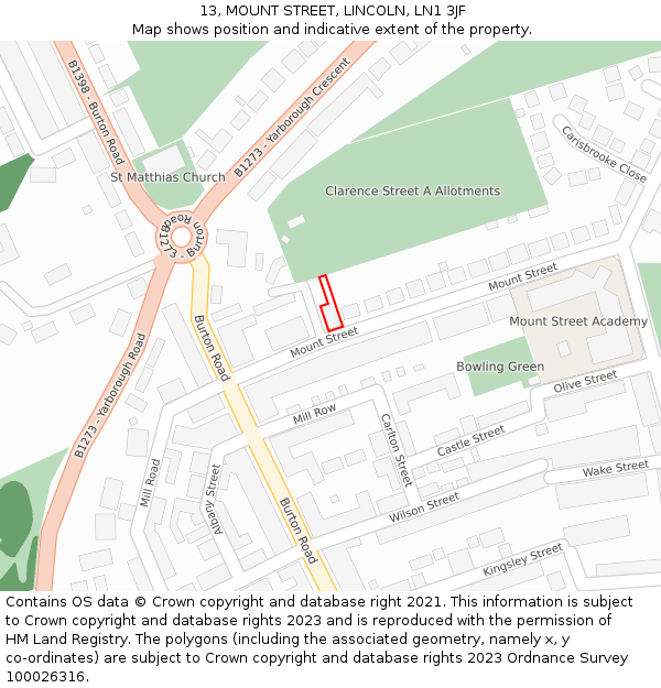 13, MOUNT STREET, LINCOLN, LN1 3JF: Location map and indicative extent of plot