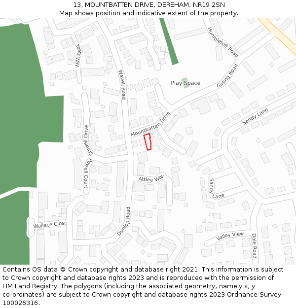 13, MOUNTBATTEN DRIVE, DEREHAM, NR19 2SN: Location map and indicative extent of plot