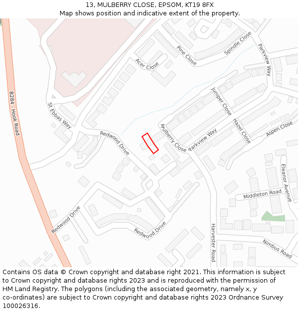 13, MULBERRY CLOSE, EPSOM, KT19 8FX: Location map and indicative extent of plot