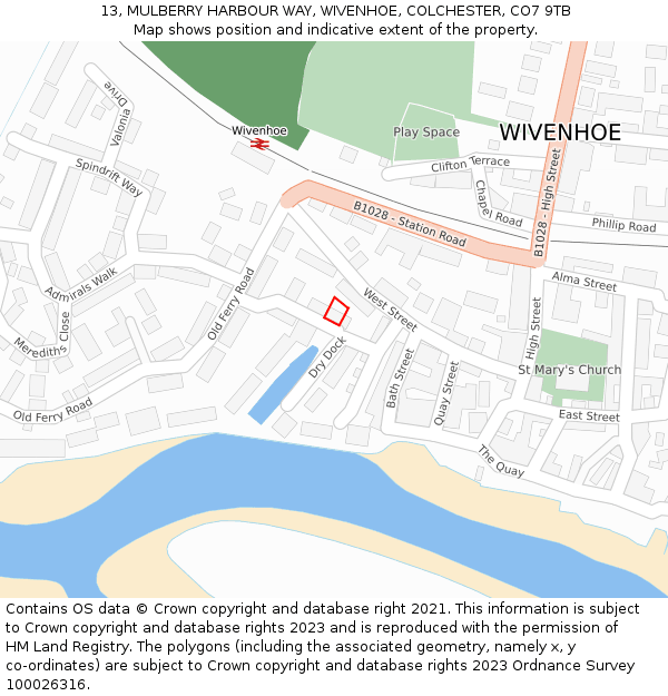 13, MULBERRY HARBOUR WAY, WIVENHOE, COLCHESTER, CO7 9TB: Location map and indicative extent of plot