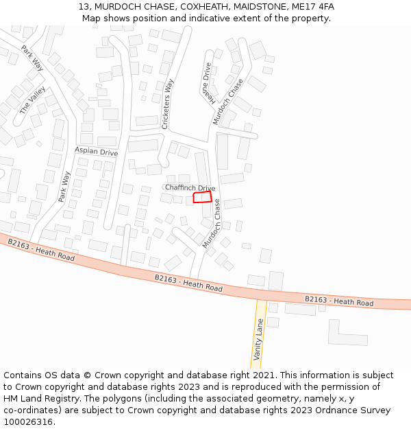 13, MURDOCH CHASE, COXHEATH, MAIDSTONE, ME17 4FA: Location map and indicative extent of plot