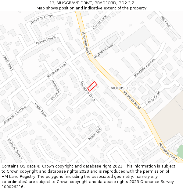 13, MUSGRAVE DRIVE, BRADFORD, BD2 3JZ: Location map and indicative extent of plot