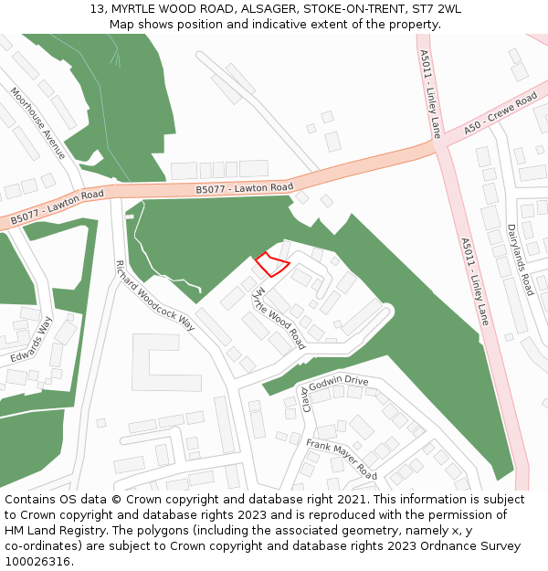 13, MYRTLE WOOD ROAD, ALSAGER, STOKE-ON-TRENT, ST7 2WL: Location map and indicative extent of plot