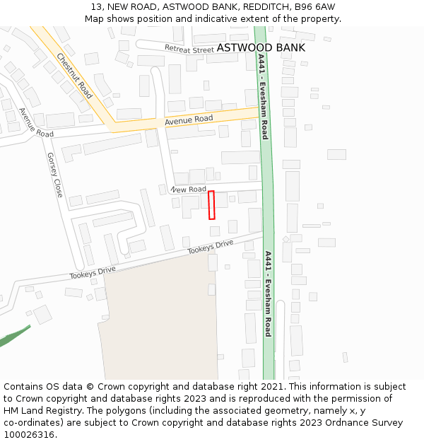 13, NEW ROAD, ASTWOOD BANK, REDDITCH, B96 6AW: Location map and indicative extent of plot