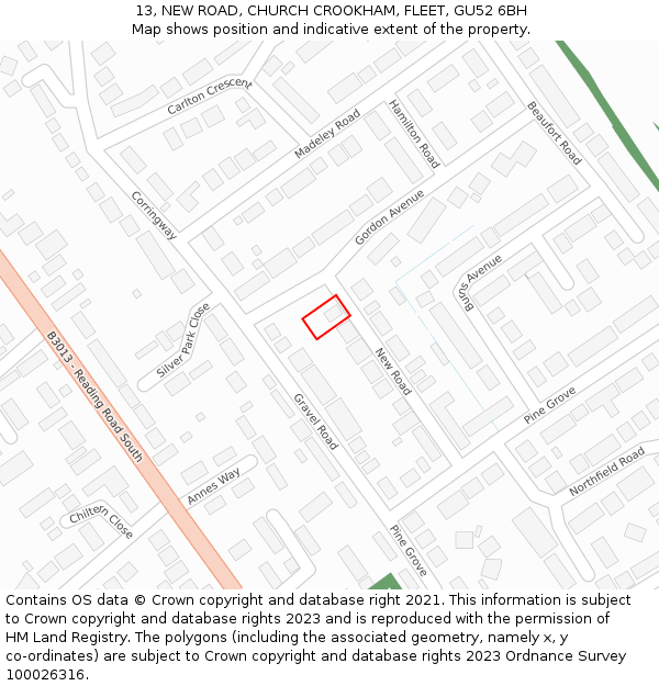 13, NEW ROAD, CHURCH CROOKHAM, FLEET, GU52 6BH: Location map and indicative extent of plot