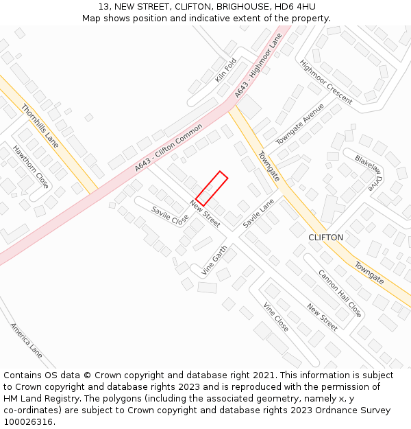 13, NEW STREET, CLIFTON, BRIGHOUSE, HD6 4HU: Location map and indicative extent of plot