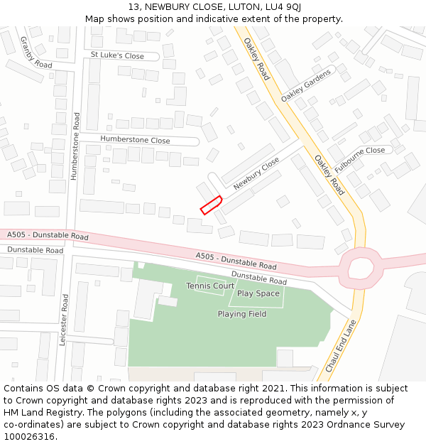 13, NEWBURY CLOSE, LUTON, LU4 9QJ: Location map and indicative extent of plot