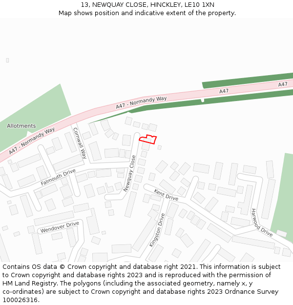 13, NEWQUAY CLOSE, HINCKLEY, LE10 1XN: Location map and indicative extent of plot