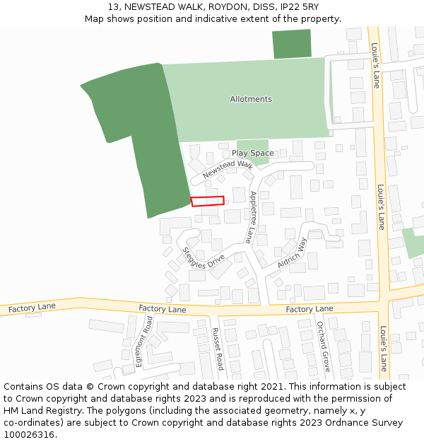 13, NEWSTEAD WALK, ROYDON, DISS, IP22 5RY: Location map and indicative extent of plot