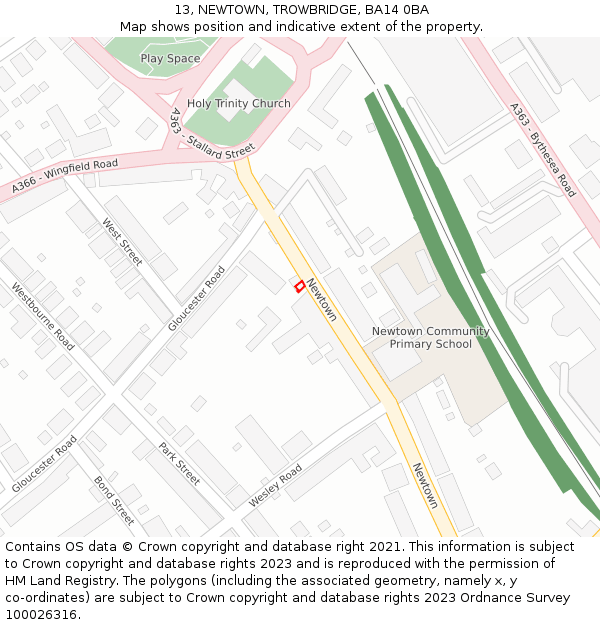 13, NEWTOWN, TROWBRIDGE, BA14 0BA: Location map and indicative extent of plot