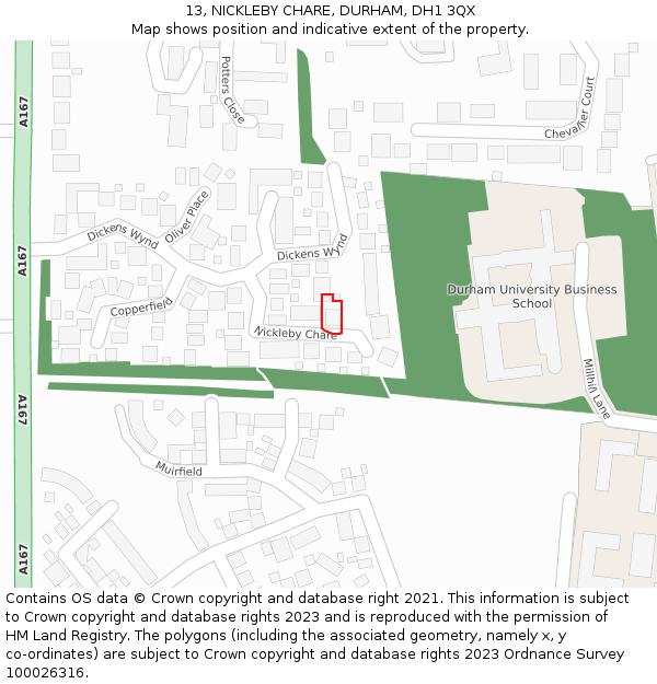 13, NICKLEBY CHARE, DURHAM, DH1 3QX: Location map and indicative extent of plot