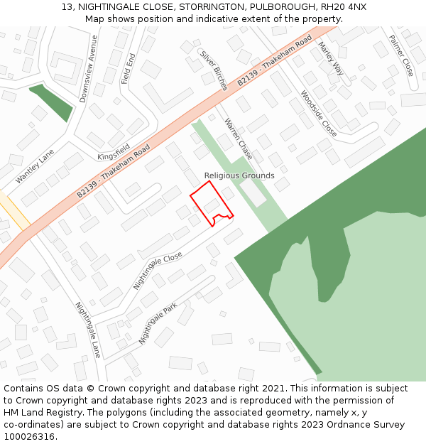 13, NIGHTINGALE CLOSE, STORRINGTON, PULBOROUGH, RH20 4NX: Location map and indicative extent of plot