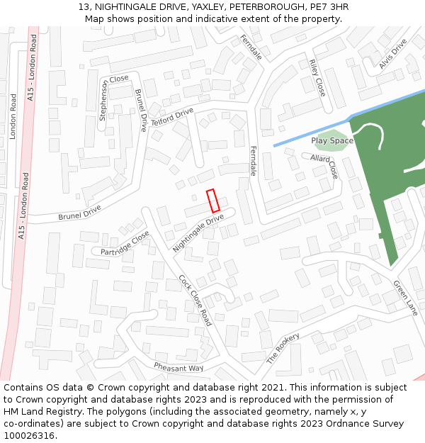 13, NIGHTINGALE DRIVE, YAXLEY, PETERBOROUGH, PE7 3HR: Location map and indicative extent of plot
