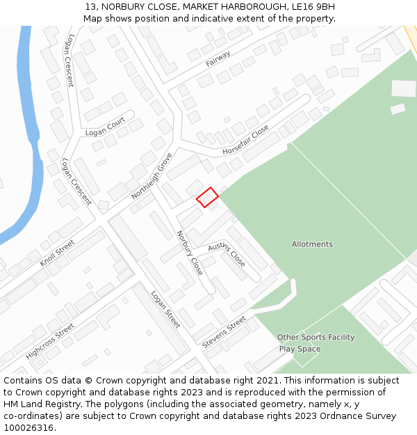 13, NORBURY CLOSE, MARKET HARBOROUGH, LE16 9BH: Location map and indicative extent of plot