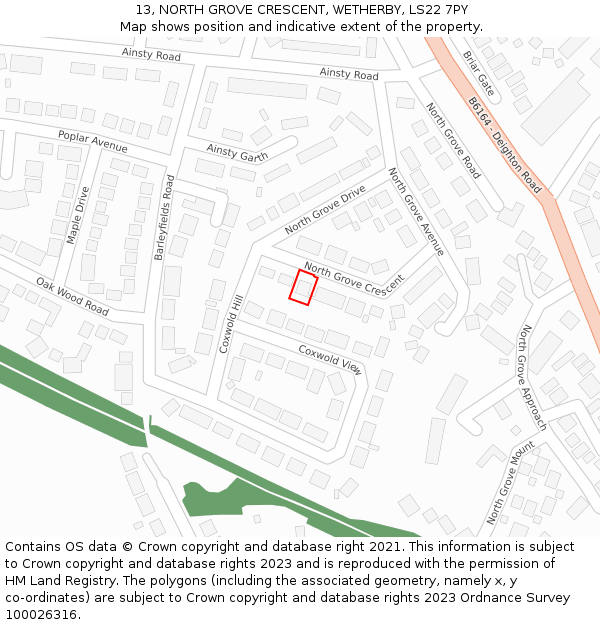 13, NORTH GROVE CRESCENT, WETHERBY, LS22 7PY: Location map and indicative extent of plot