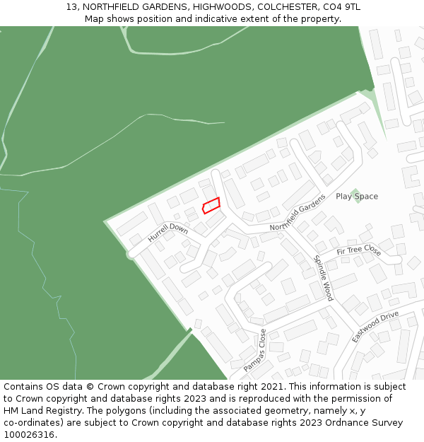 13, NORTHFIELD GARDENS, HIGHWOODS, COLCHESTER, CO4 9TL: Location map and indicative extent of plot