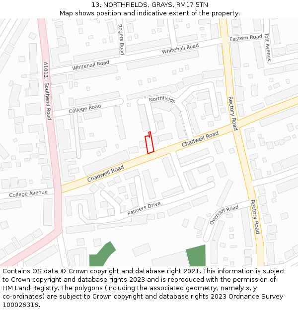 13, NORTHFIELDS, GRAYS, RM17 5TN: Location map and indicative extent of plot