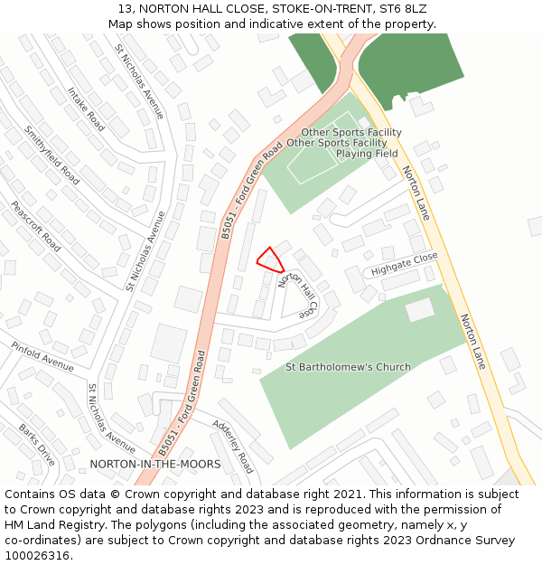 13, NORTON HALL CLOSE, STOKE-ON-TRENT, ST6 8LZ: Location map and indicative extent of plot