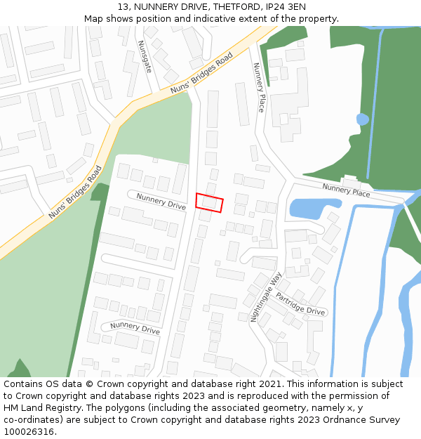 13, NUNNERY DRIVE, THETFORD, IP24 3EN: Location map and indicative extent of plot