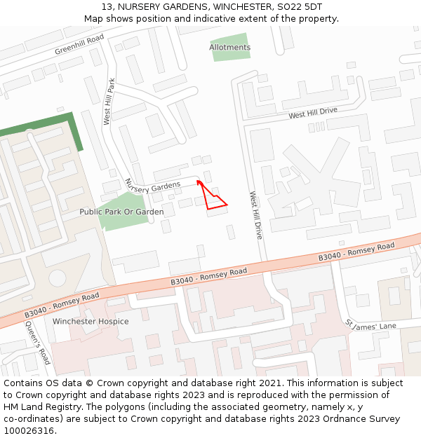 13, NURSERY GARDENS, WINCHESTER, SO22 5DT: Location map and indicative extent of plot