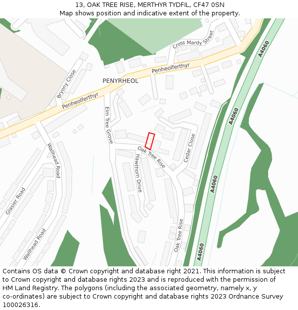 13, OAK TREE RISE, MERTHYR TYDFIL, CF47 0SN: Location map and indicative extent of plot
