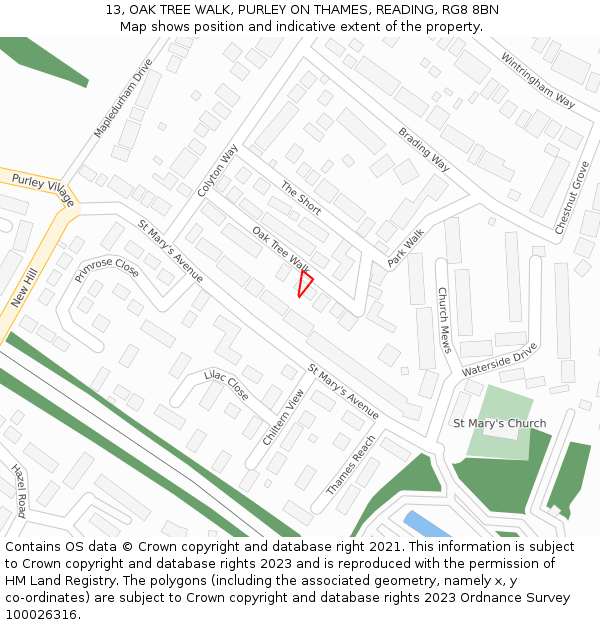 13, OAK TREE WALK, PURLEY ON THAMES, READING, RG8 8BN: Location map and indicative extent of plot