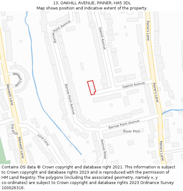 13, OAKHILL AVENUE, PINNER, HA5 3DL: Location map and indicative extent of plot