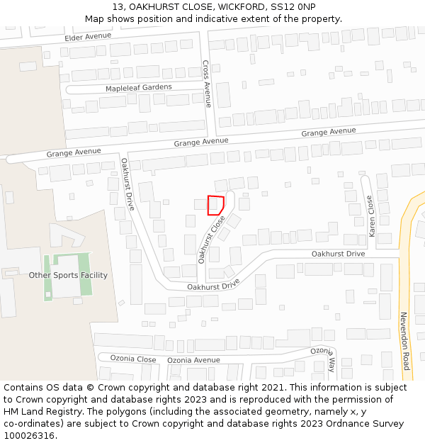 13, OAKHURST CLOSE, WICKFORD, SS12 0NP: Location map and indicative extent of plot